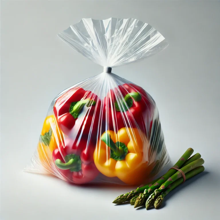 A food-grade packaging bag filled with vibrant peppers and fresh asparagus, showcasing quality and freshness in produce packaging.